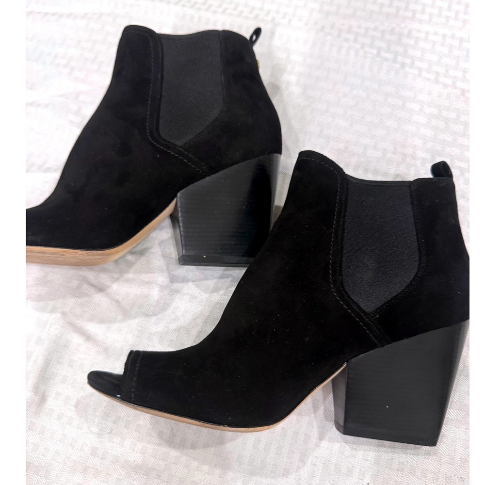 Tory Burch Black Suede Peep Toe Booties Women 8.5 Block Heel Chelsea Ankle Boots